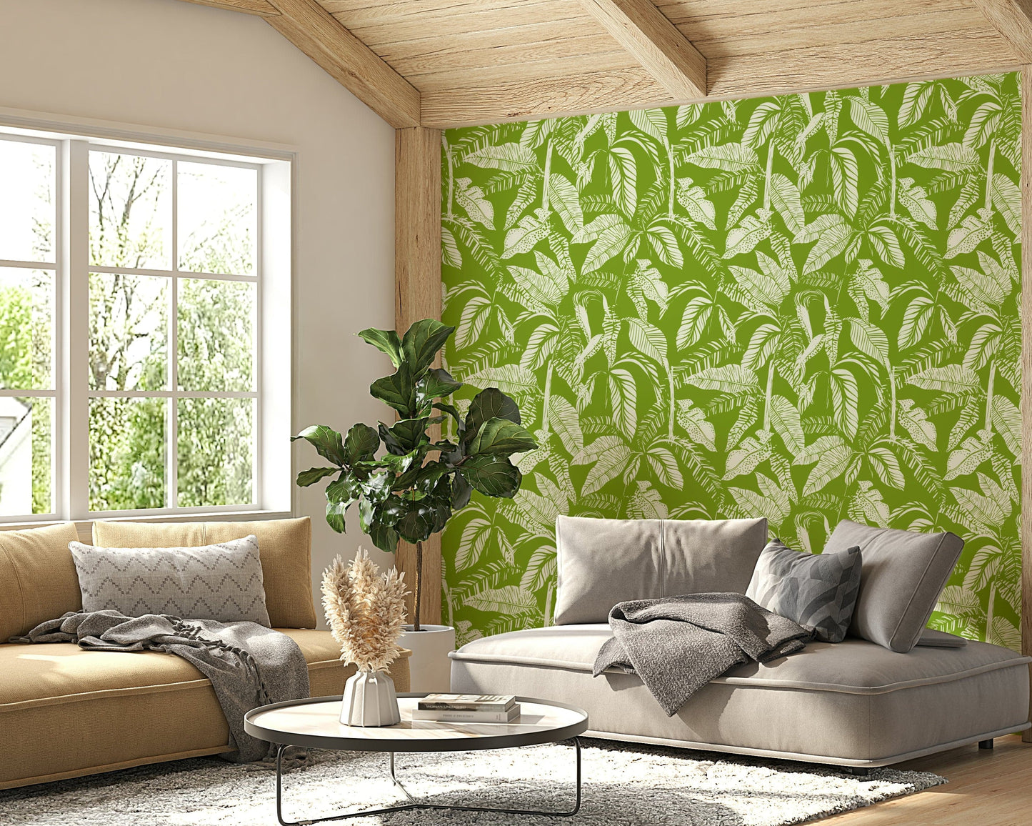 Modern jungle plant wallpaper in vibrant olive and white.
