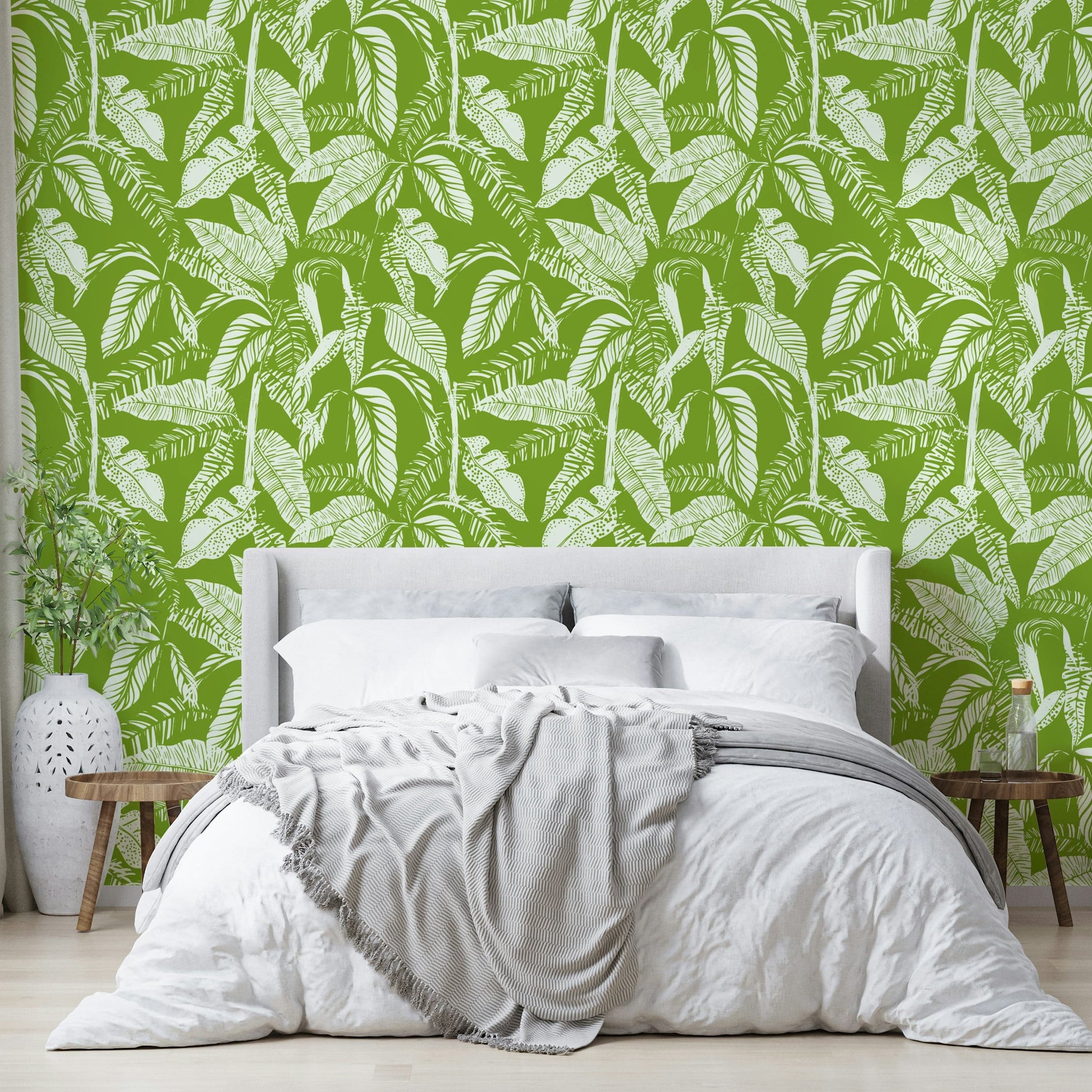 Green Tropics Wallpaper on a bed room wall


