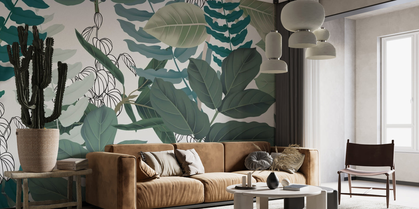Abstract Green Leaves Wallpaper Mural - Giffywalls