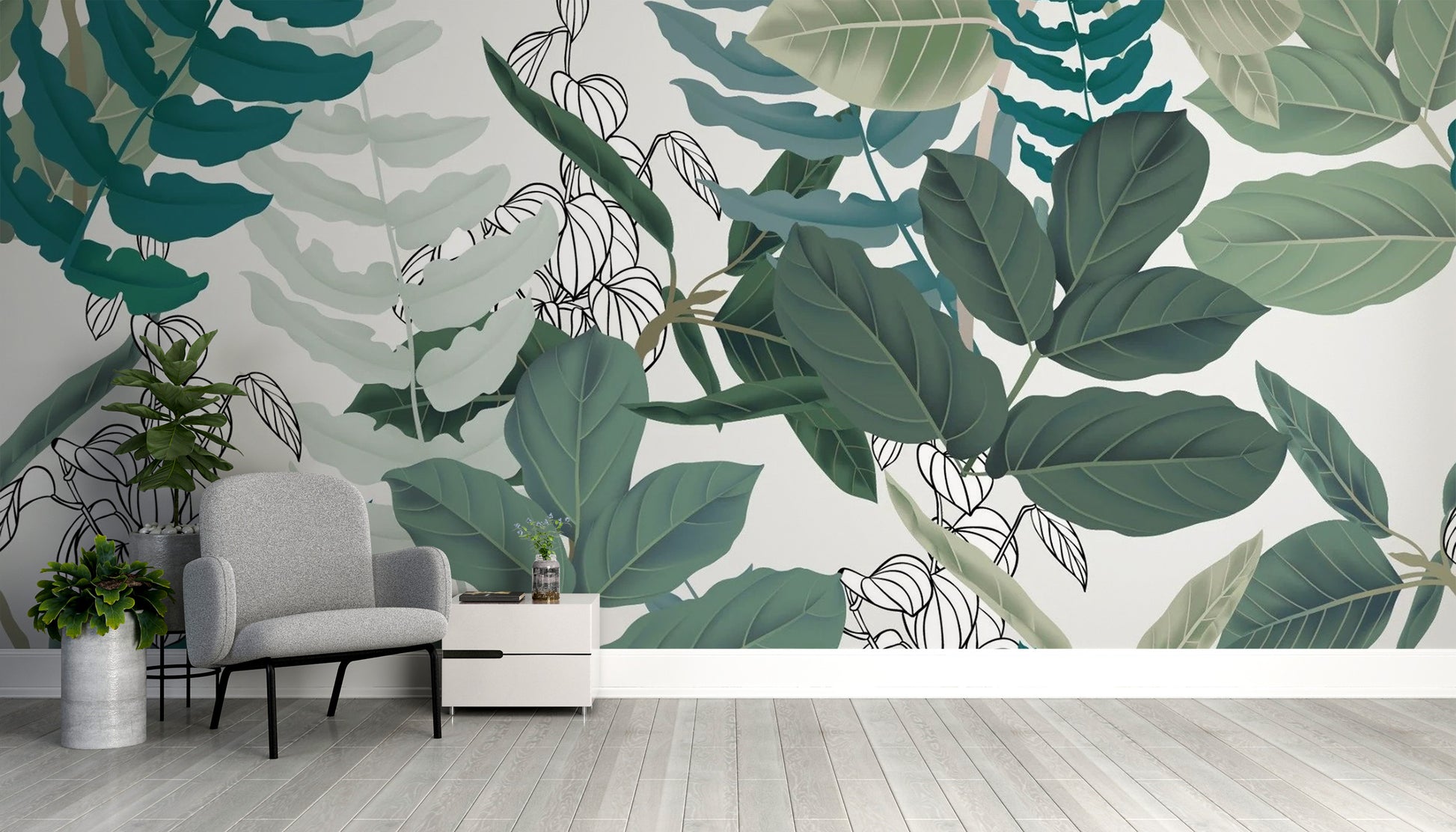 Tropical leaves wallpaper design mural for living room
