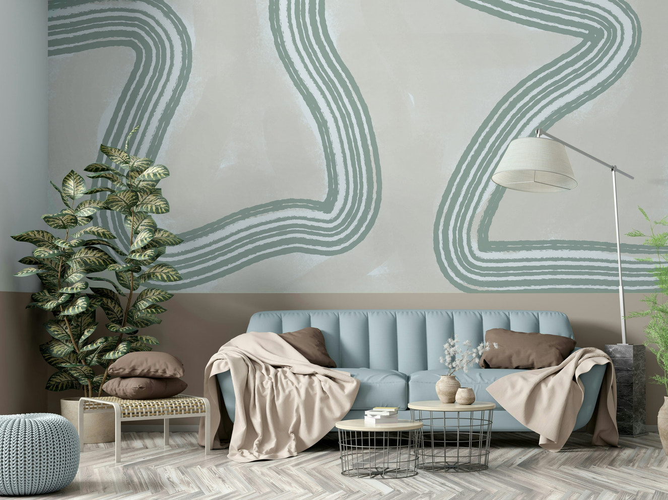 A beautiful modern art wall mural for a living room.

