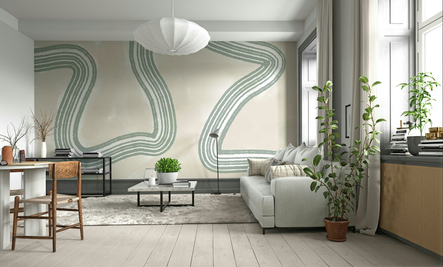 A graceful abstract flow wall mural in soft, tranquil tones.

