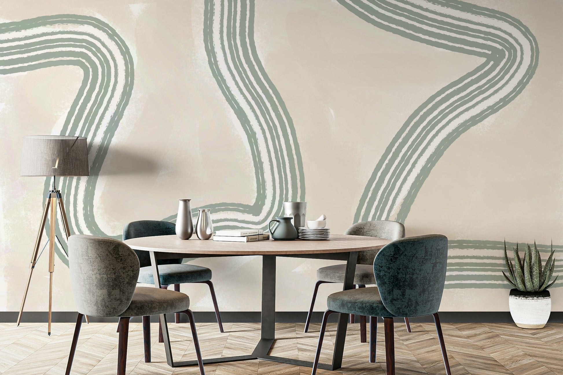 An artistic soft echoes mural on minimalist wallpaper.

