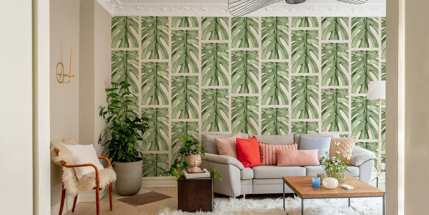 A peaceful wall mural with a botanical, geometric design.

