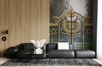 Green Park Gate Wall Mural on a large living room wall with modern seating.