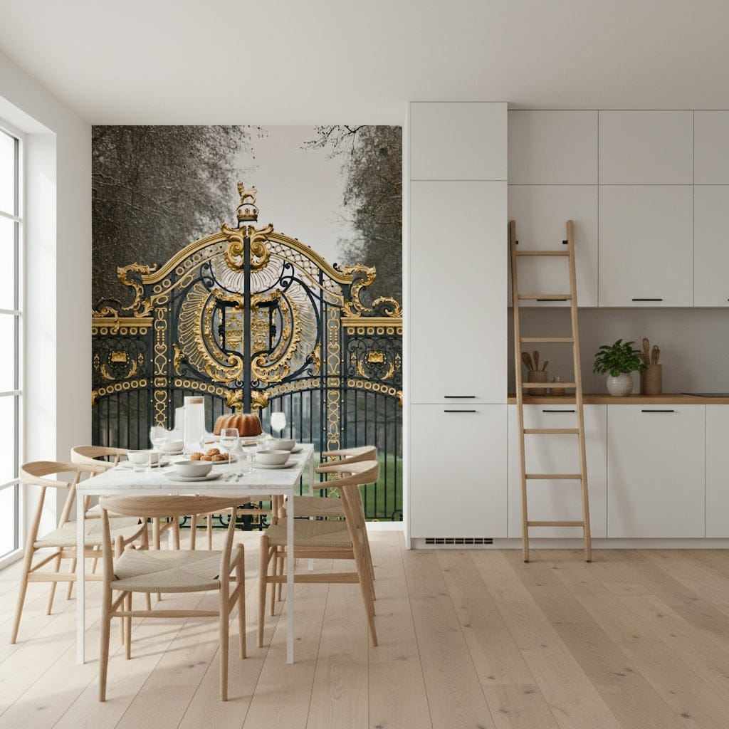 Close up of the detailed black iron gate and green foliage on a wall mural.