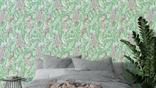 Green peacock paradise wallpaper with lush feathers

