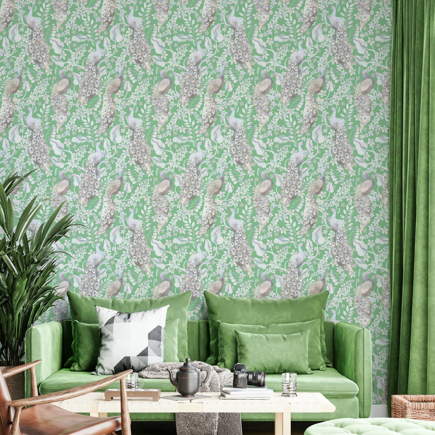 Exotic peacock design in paradise-inspired wallpaper


