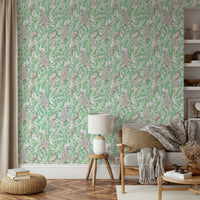 Vibrant wallpaper featuring green peacock design

