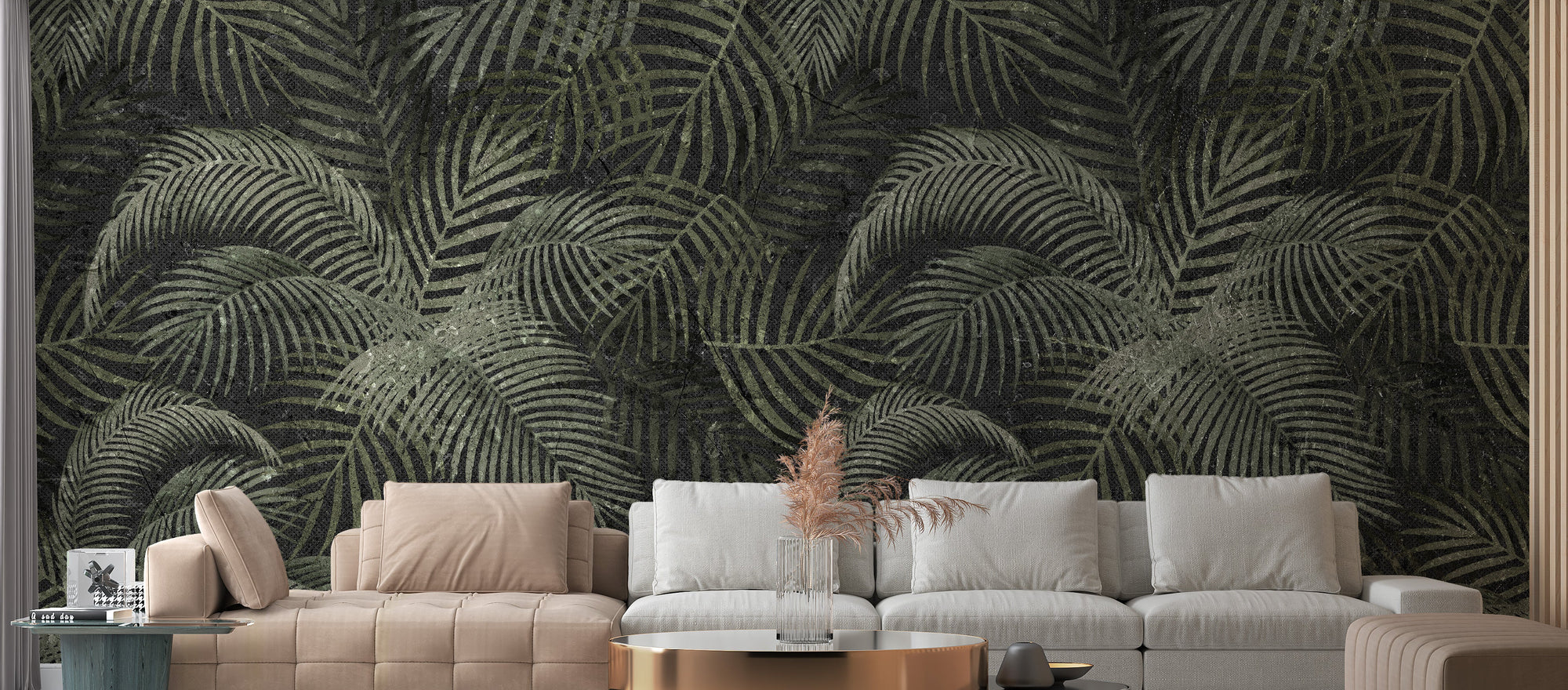 Green Rustic Tropical Palms wallpaper mural shown as a full feature wall that highlights the design