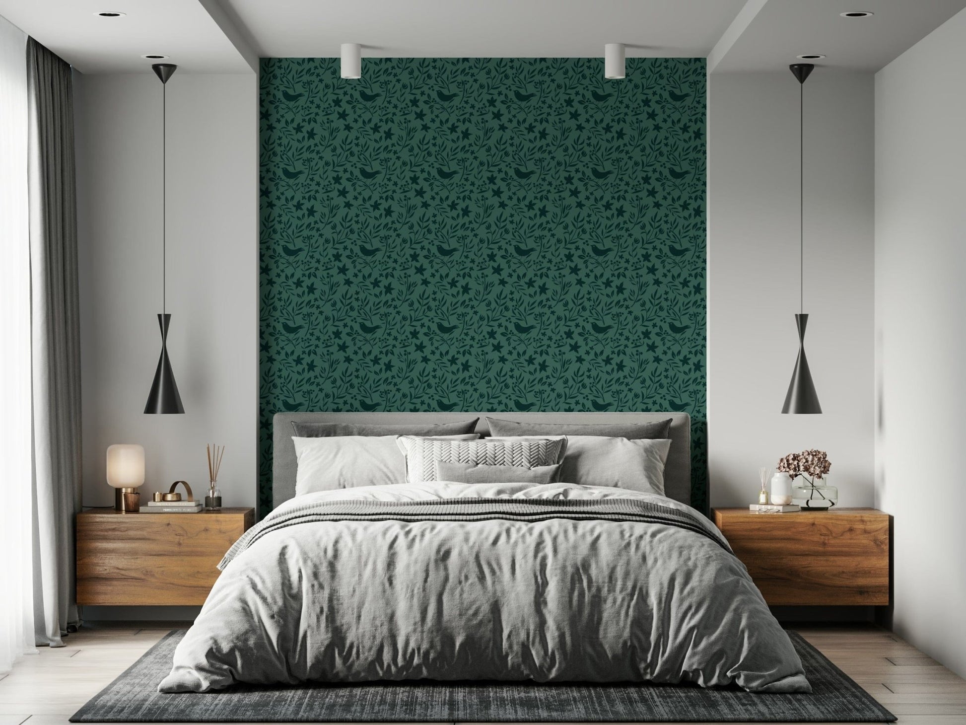 Deep emerald pattern wall covering, Folk Bird Botanical product.