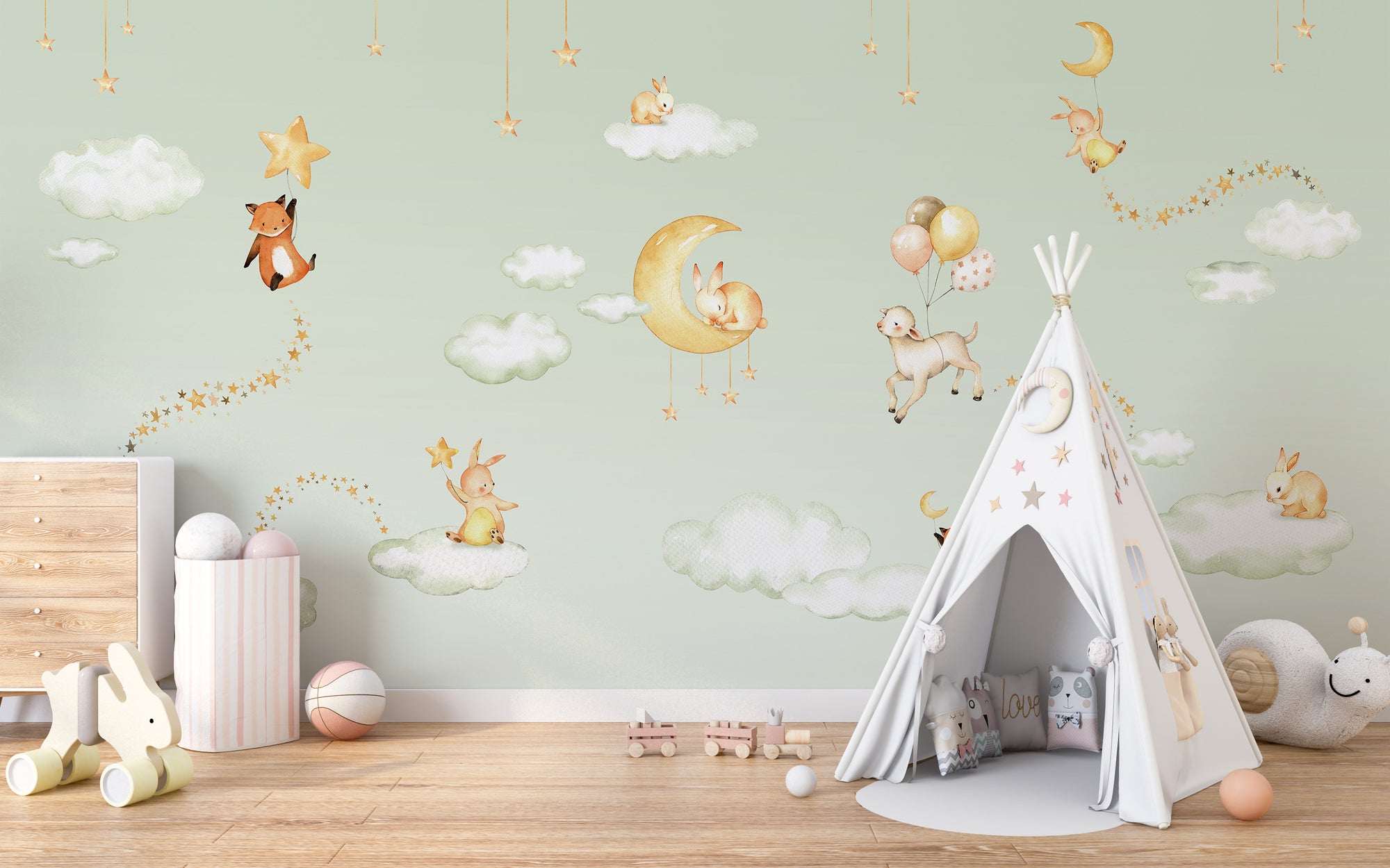 Green Sweet dreams wallpaper with sleeping bunny on a moon and balloon lamb in a kids room with a white teepee