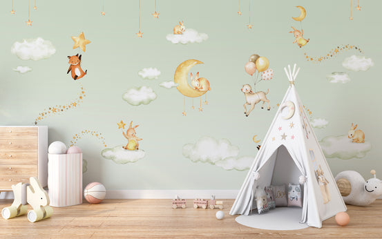 Green Sweet dreams wallpaper with sleeping bunny on a moon and balloon lamb in a kids room with a white teepee