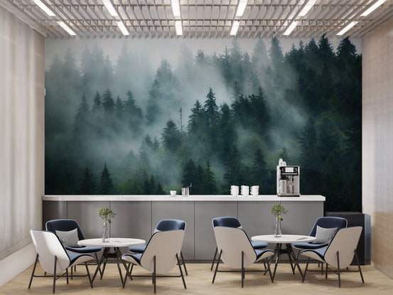 Green Tree Foggy Forest Jungle wallpaper mural shown as a full feature wall that highlights the design