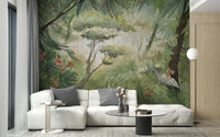 Beautiful green watercolor forest mural for rooms