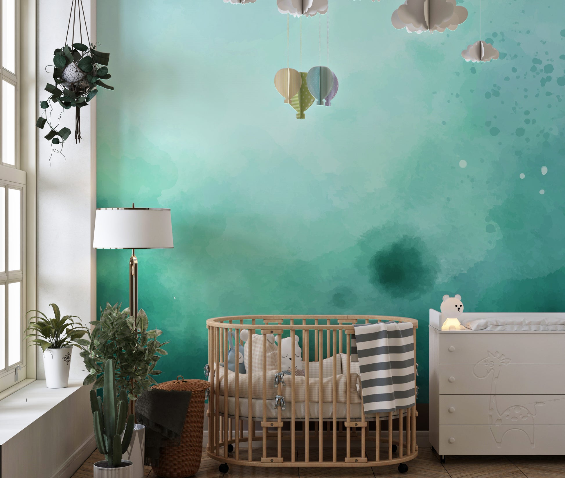 Subtle green watercolor mural for stylish and tranquil decor.

