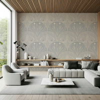 Ornate butterfly scallop wallpaper light grey cream tones print.