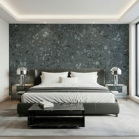 Whimsical aviary mural blending birds with delicate grey blooms and leaves