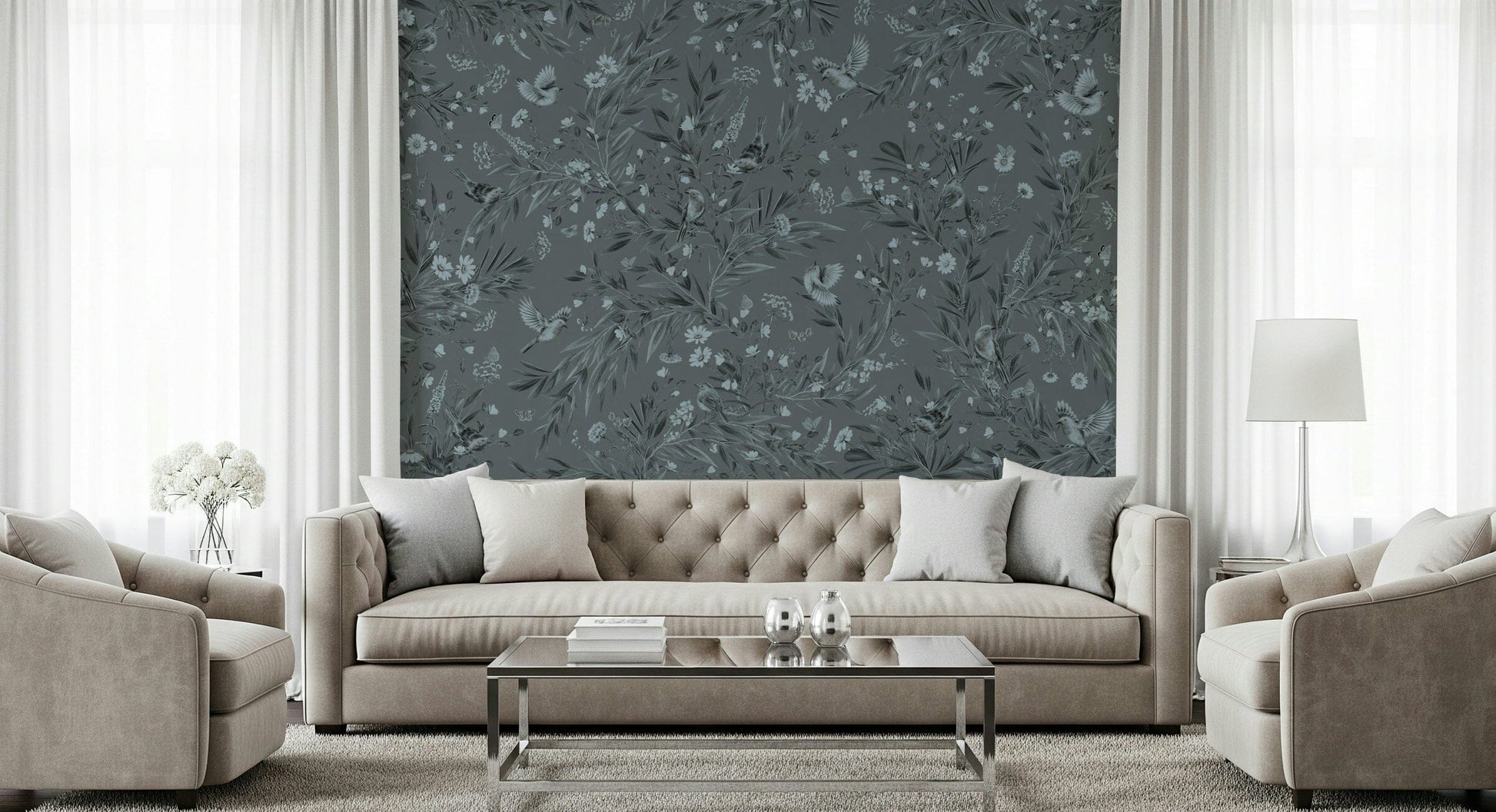 Sophisticated wall art of birds and blooms in muted grey botanical tones