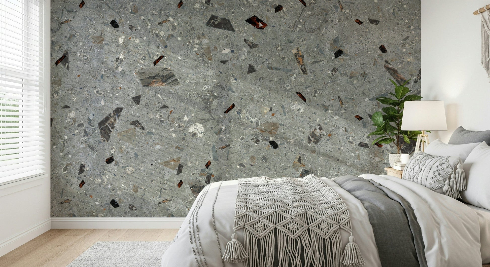 Distinctive speckled pattern mural, Grey-Beige stone aggregate wallpaper.