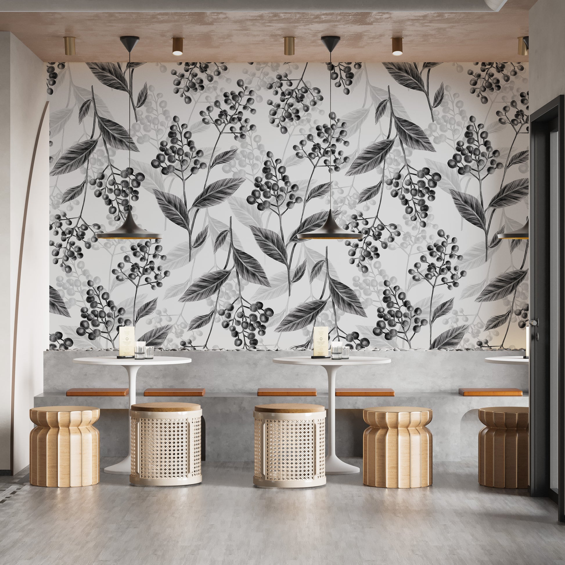 Serene grey olives leaves mural wallpaper