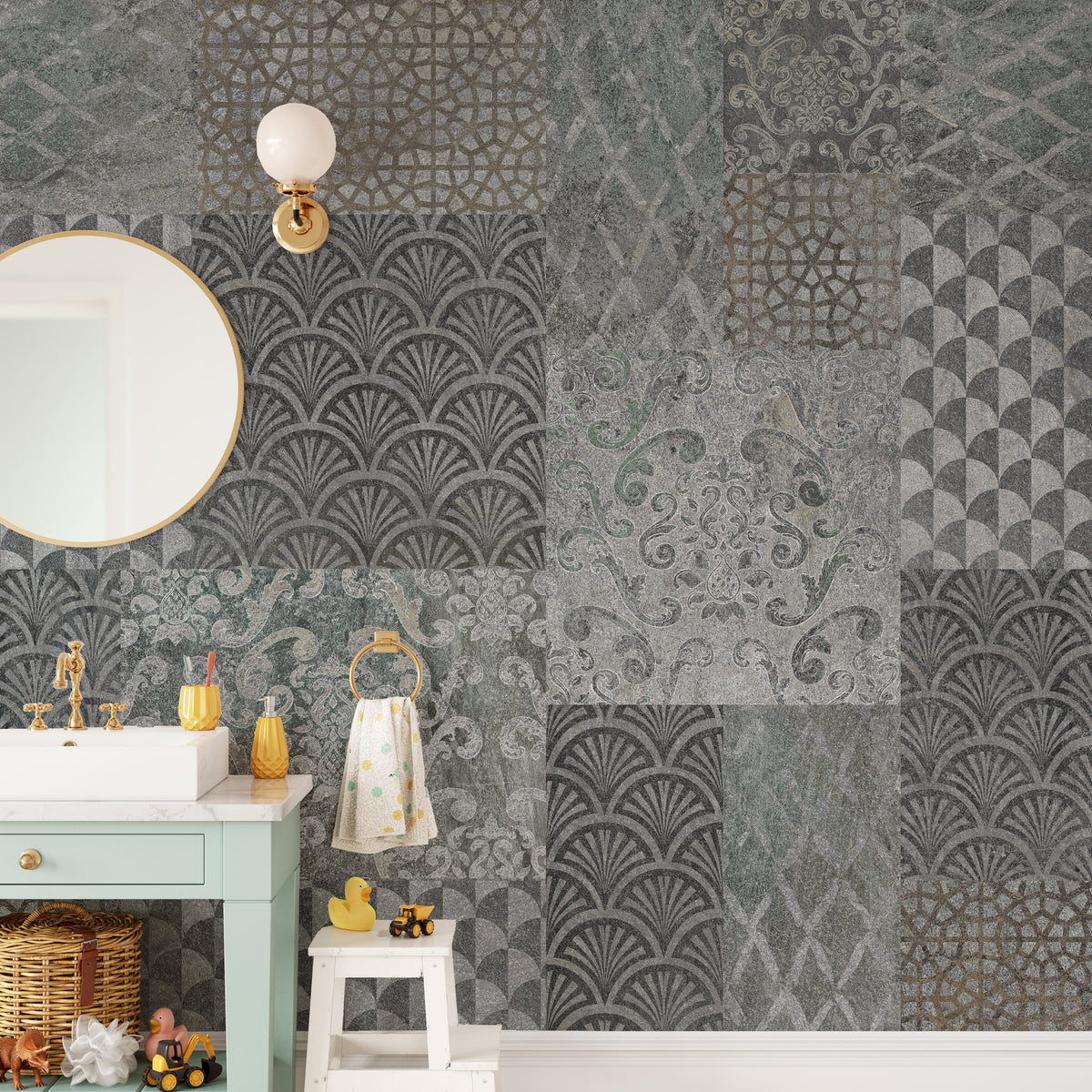 Grey Patchwork Art Deco Wallpaper Mural - Stylish Home Decor