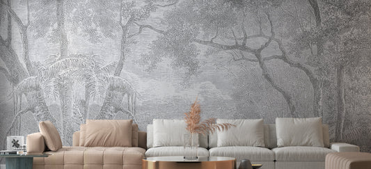 Gray Color Sketch Forest wallpaper mural shown as a full feature wall that highlights the design
