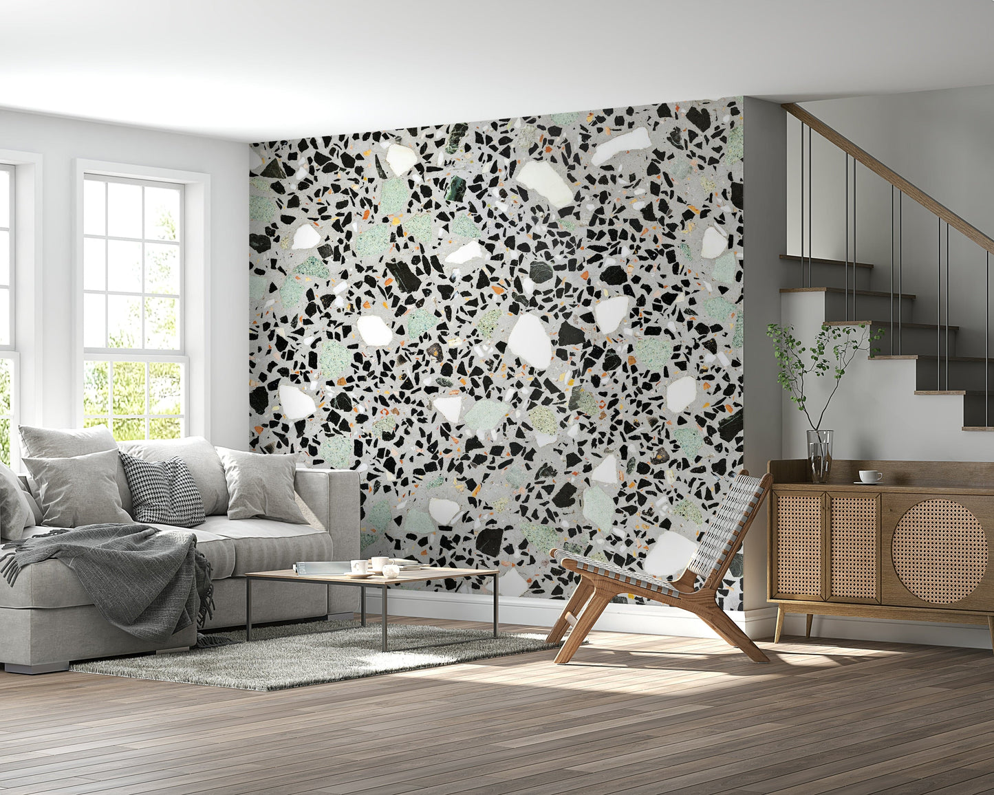 Fine composite stone effect wallpaper subtle mint and charcoal chips.