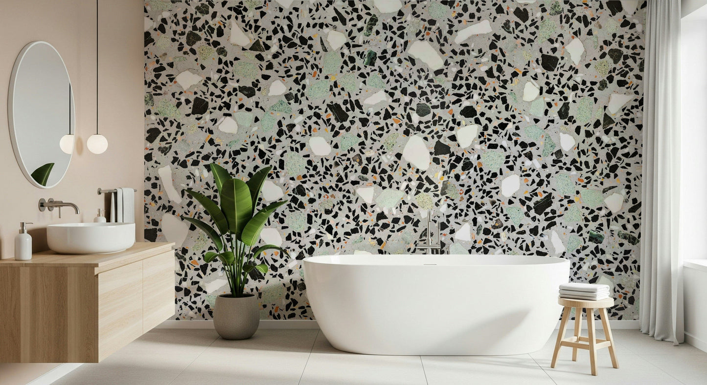 Modern Grey Terrazzo print wallpaper mosaic chips abstract pattern.