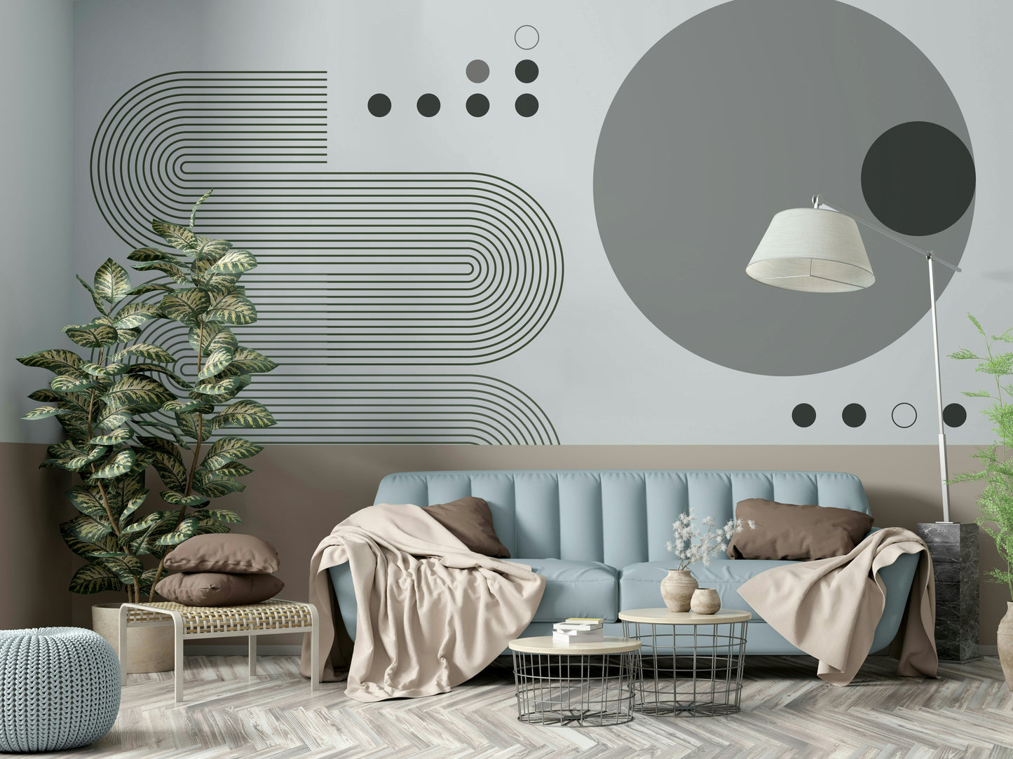 Bold retro mural design in tonal grey patterns

