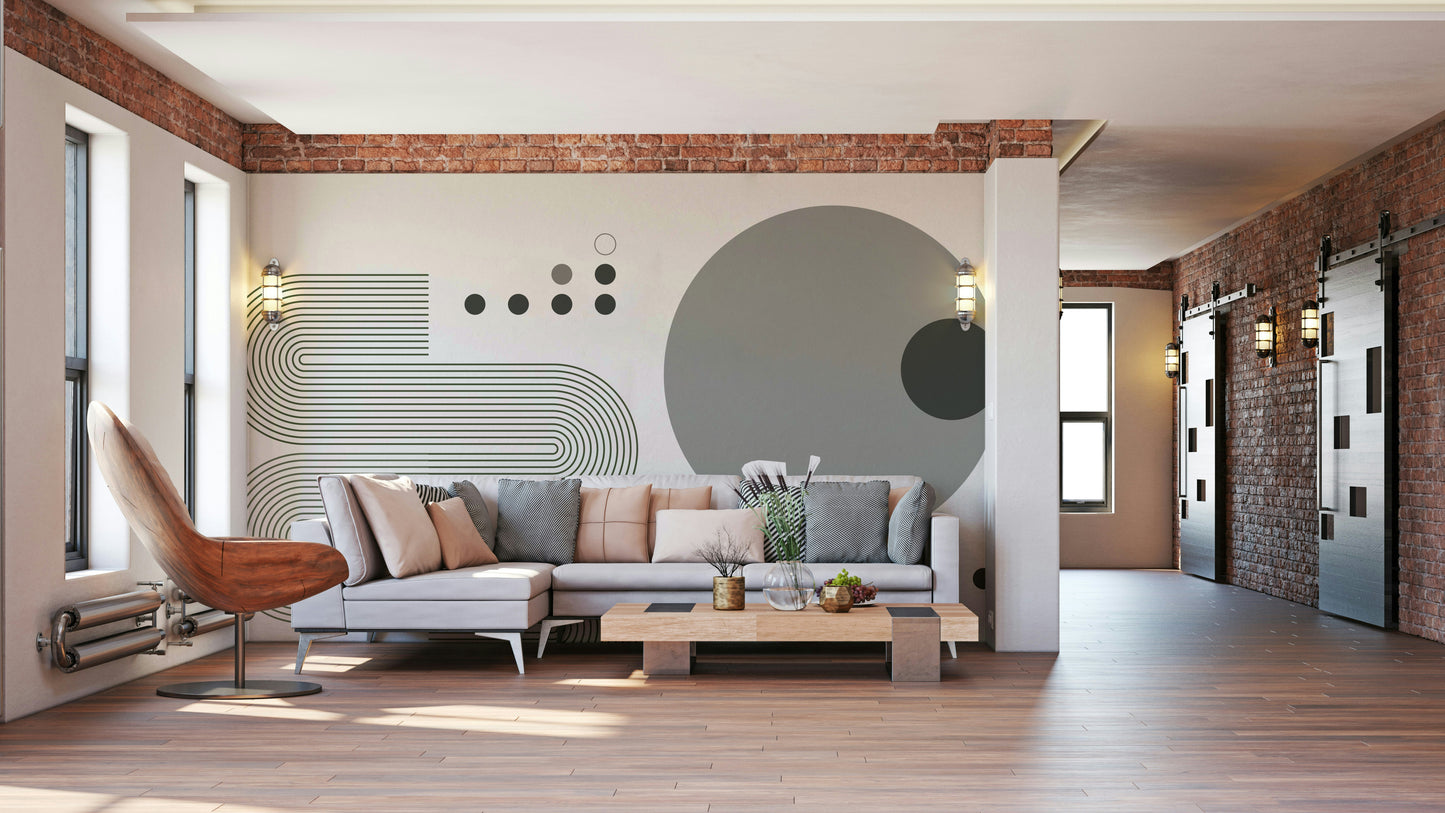 Mid-century modern wall mural in muted grey tones

