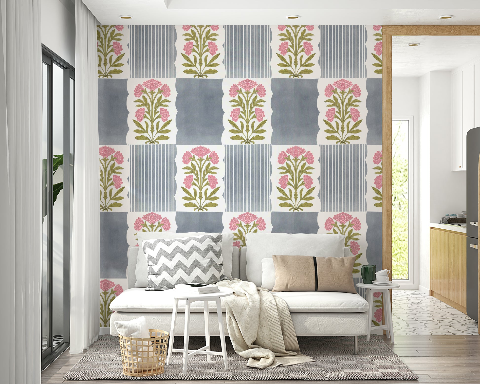 Wallpaper featuring faded rose and grey lines

