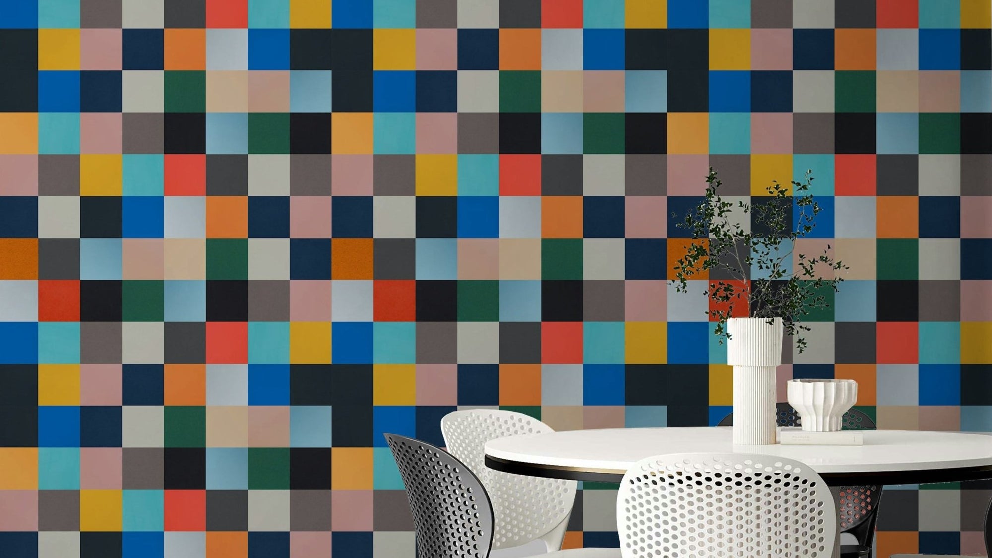 A modern wall mural with a complex, interlocking grid pattern.

