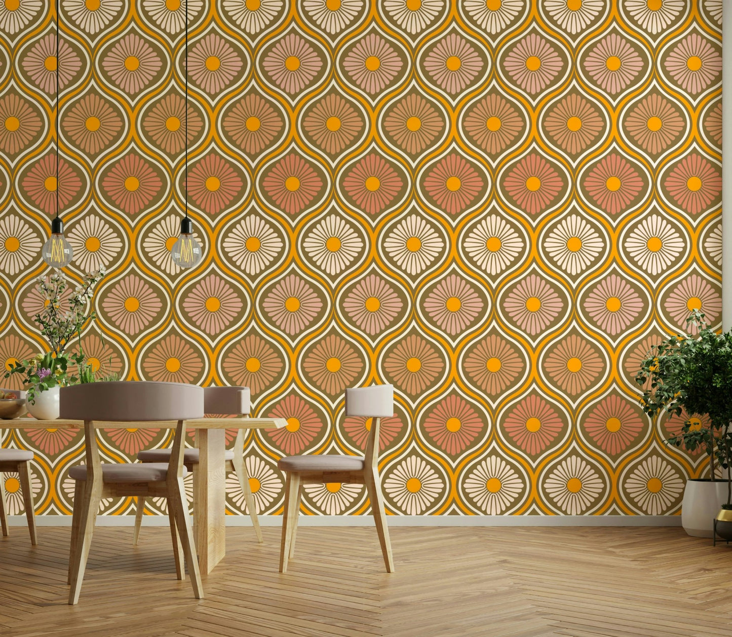 Features stylized daisy flowers and other florals.
