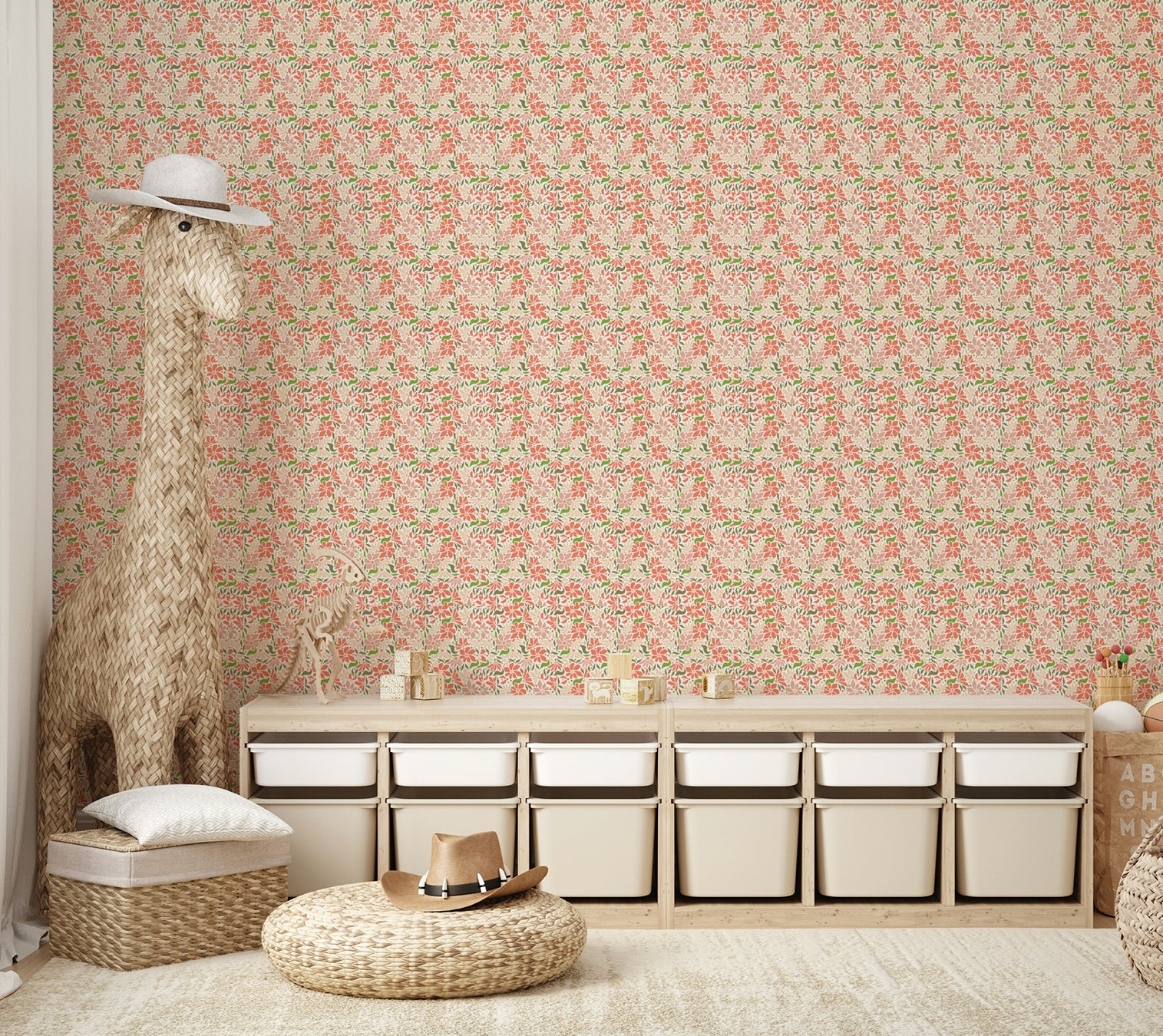 70s-inspired coral green floral wallpaper

