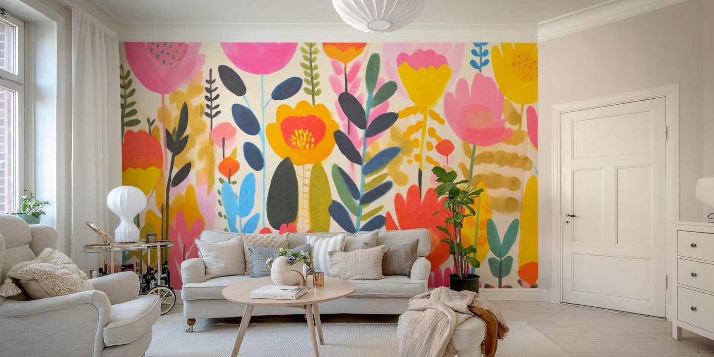 The flowers are simple, with rounded shapes and bright, playful colors.
