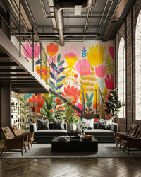 A wall mural of a cheerful flower meadow in a groovy style.
