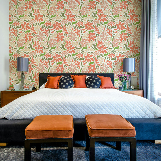 Groovy bloemen koraalgroene muur muurschildering