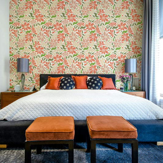 Groovy Flowers Coral Green Wall Mural