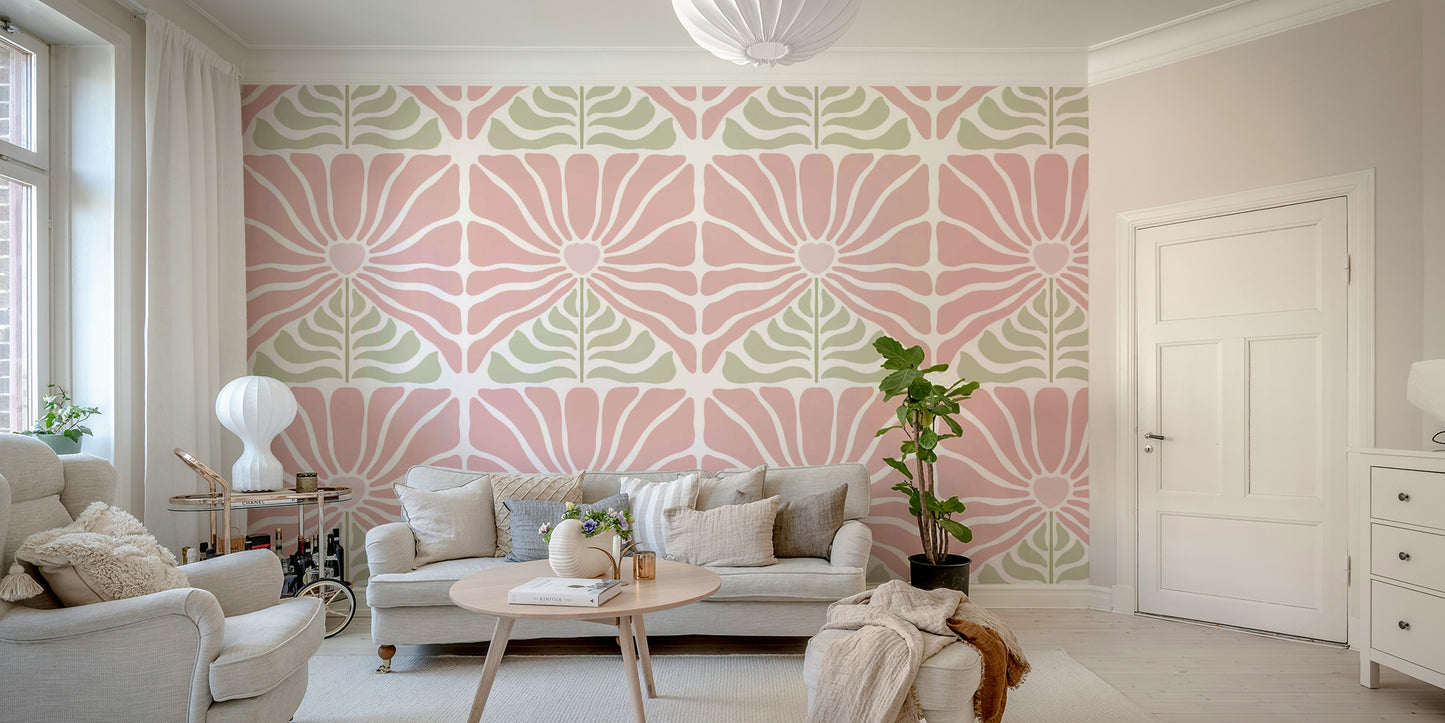 Retro pink and green flower pattern wallpaper

