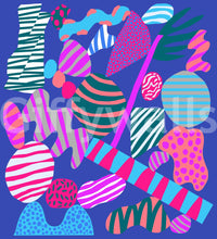 A modern groovy wallpaper mixing stripes, dots, and organic shapes in energetic multicolored tones.