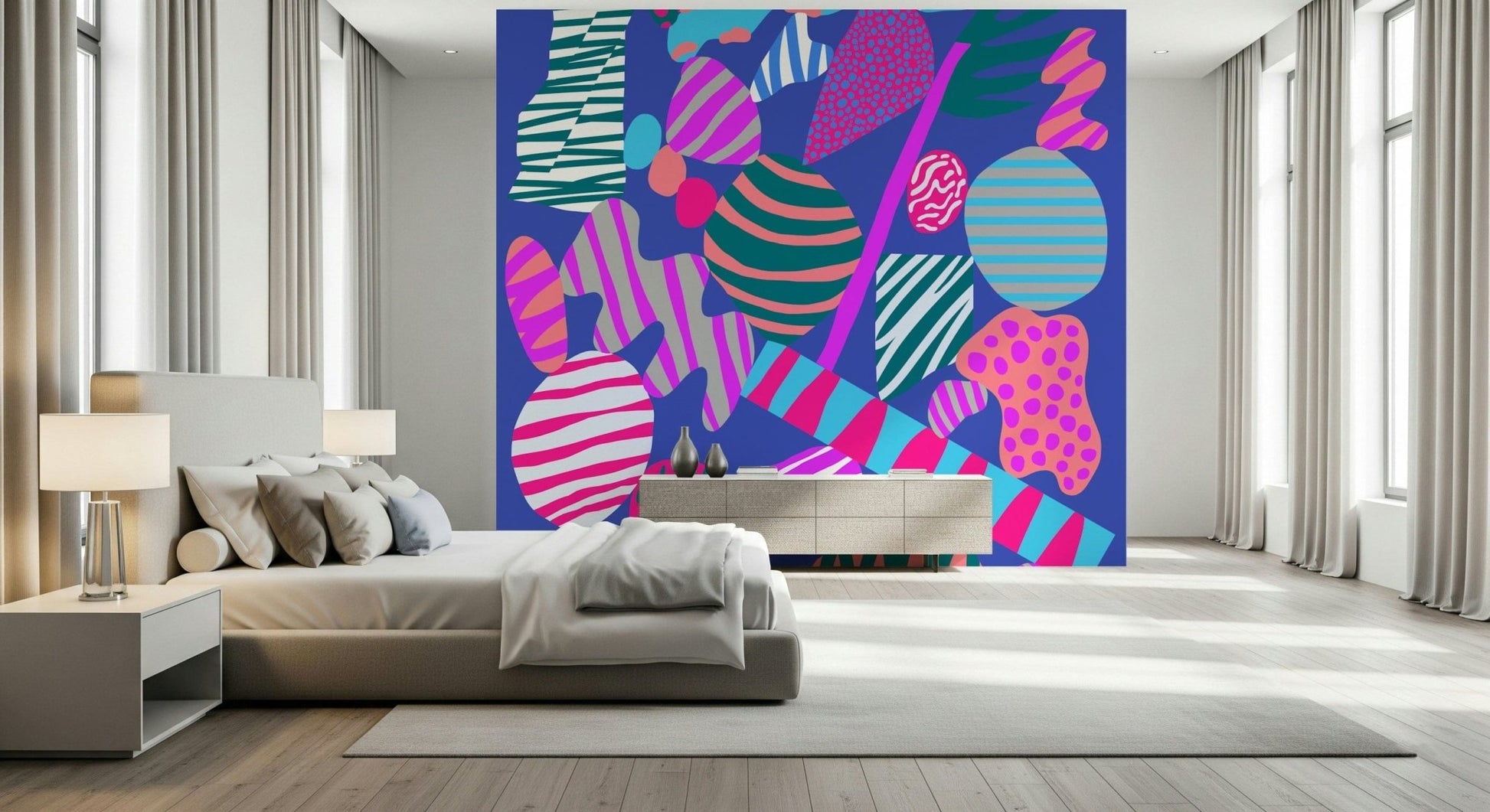 A lively abstract wallpaper with swirling geometric shapes in bright, groovy color combinations.