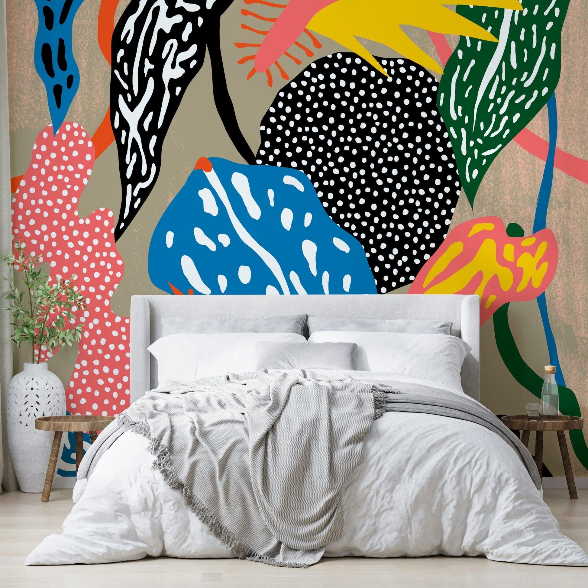 Lively jungle mural featuring vibrant, colorful patterns

