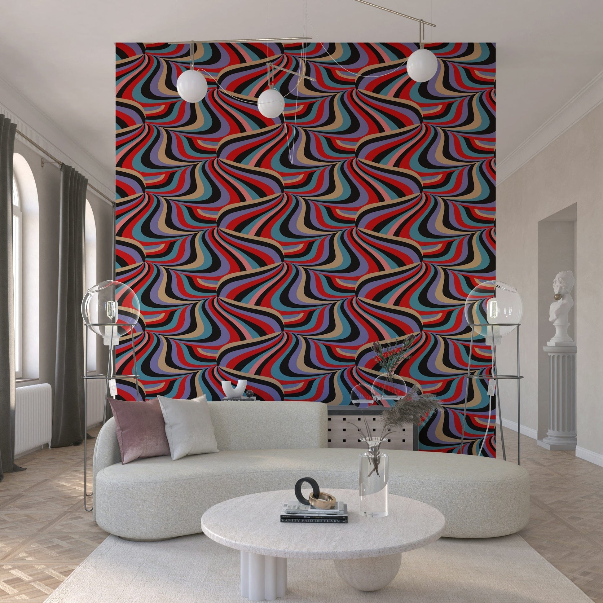 Marble Swirl Rainbow Stripes Wallpaper – Decorative mural combining flowing marble textures with vibrant retro stripes.