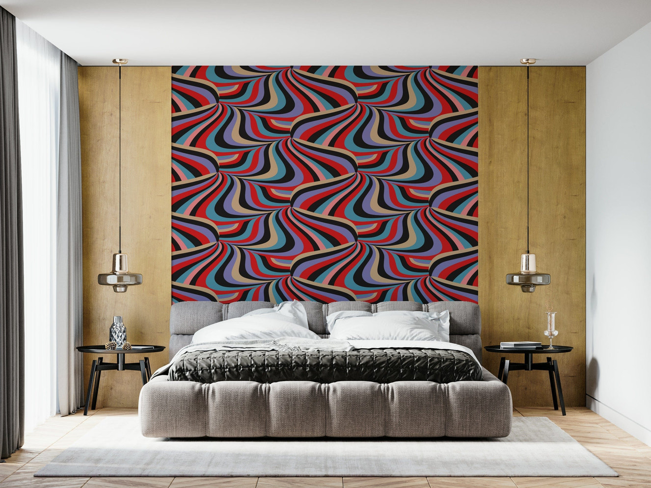 Groovy Retro Striped Marble Wall Mural – Psychedelic-inspired abstract wallpaper with marbled stripes in multiple colors.