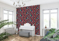 Marble Swirl Groovy Retro Abstract Wallpaper – Vibrant mural with swirling stripes in black, purple, red, blue, cream, and pink tones.