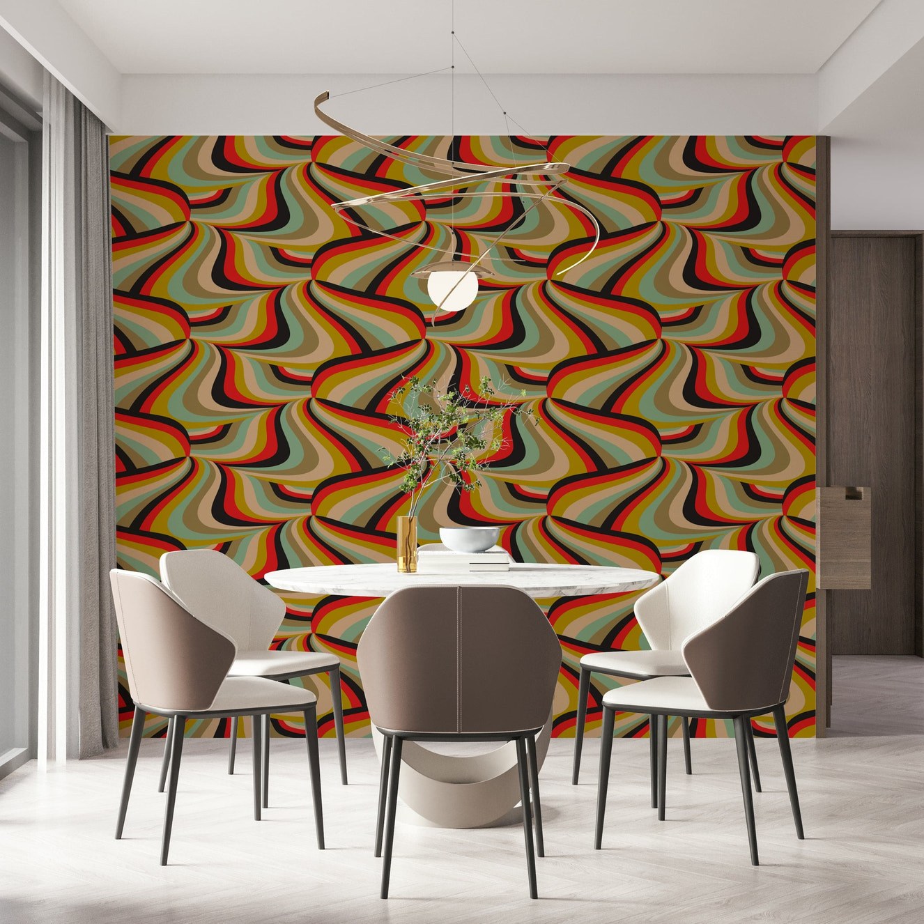 Retro Marble Stripe Pattern Wall Mural – Playful wall mural featuring swirling stripes in warm and cool tones.