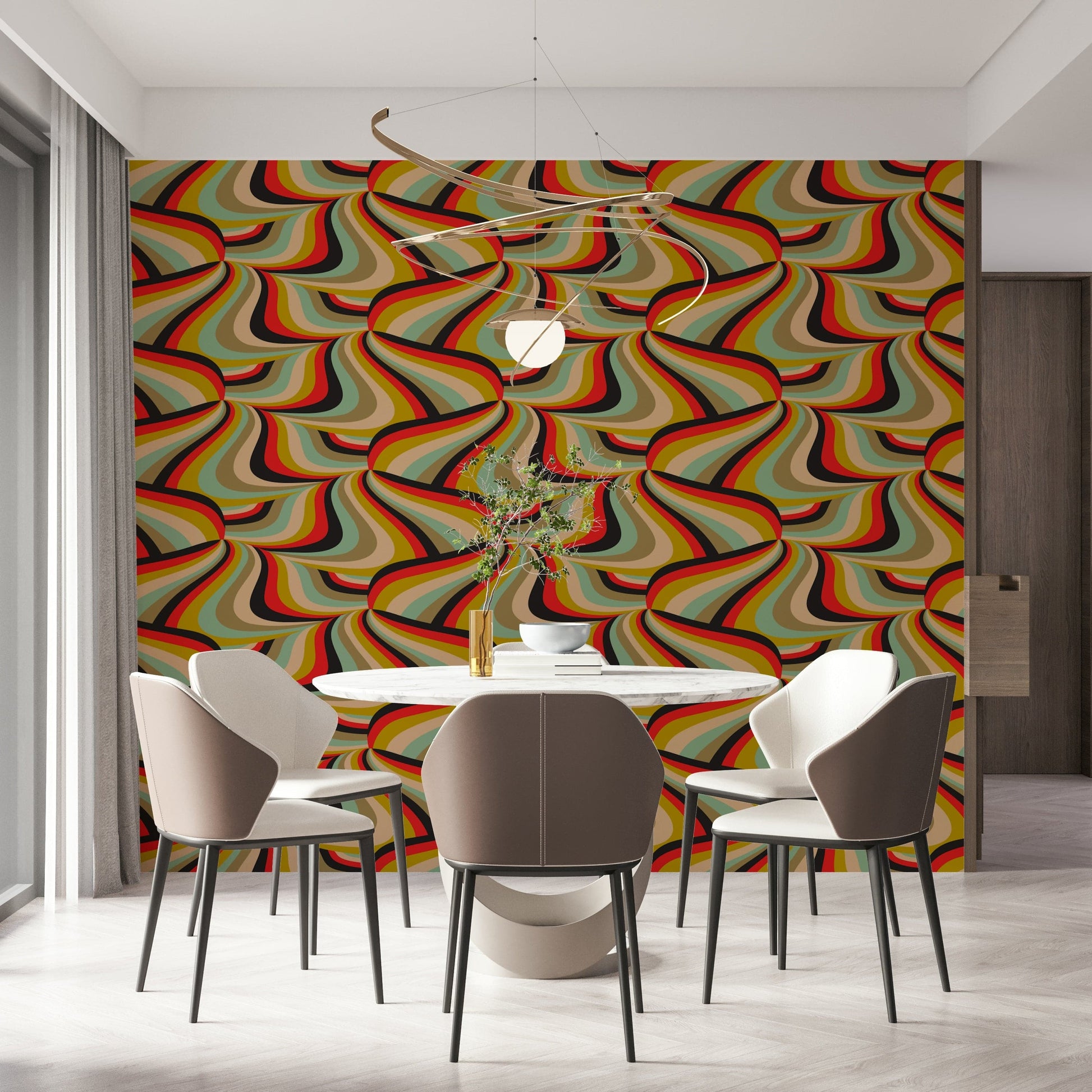 Retro Marble Stripe Pattern Wall Mural – Playful wall mural featuring swirling stripes in warm and cool tones.