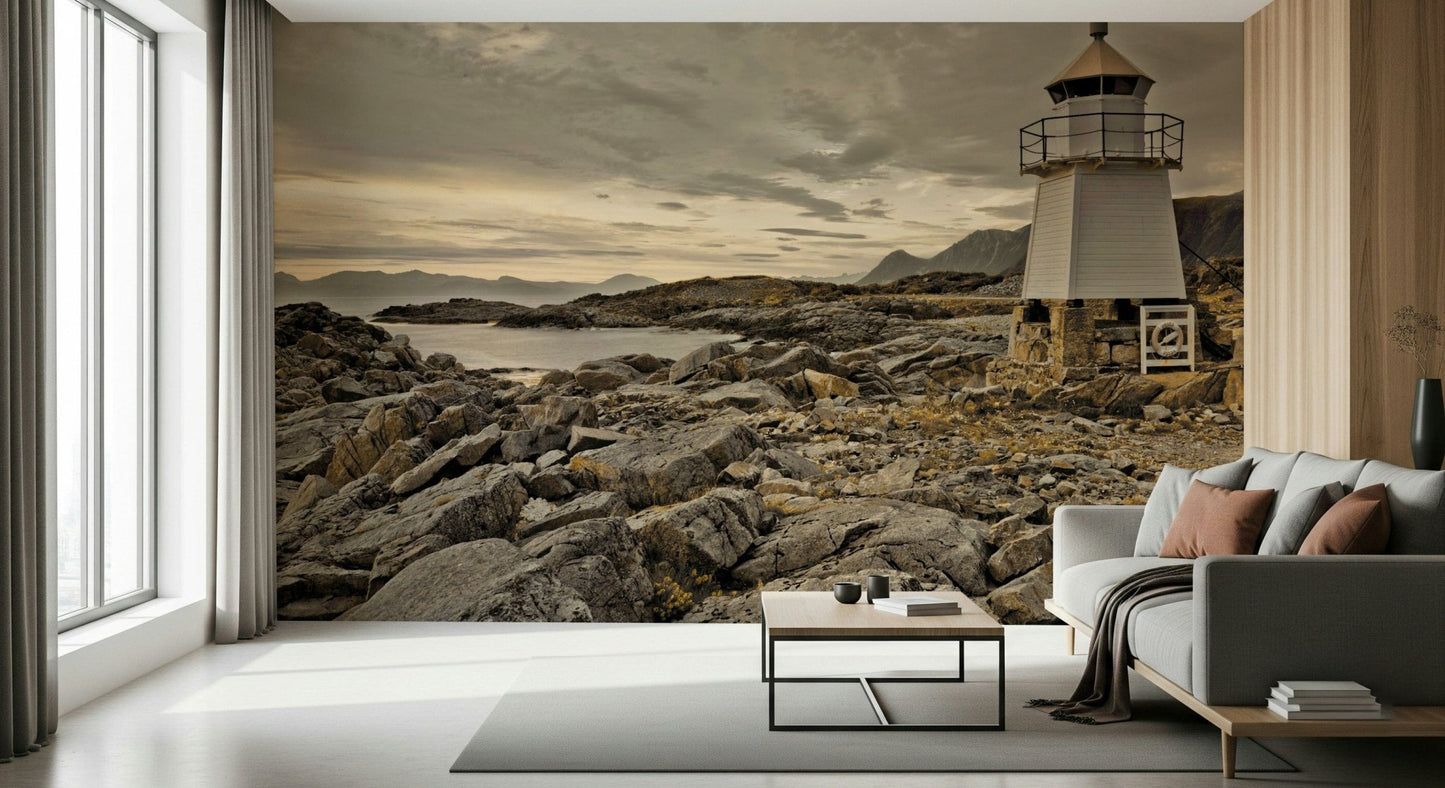 Vintage-style coastal mural showcasing a lighthouse standing strong amid dramatic coastal terrain.