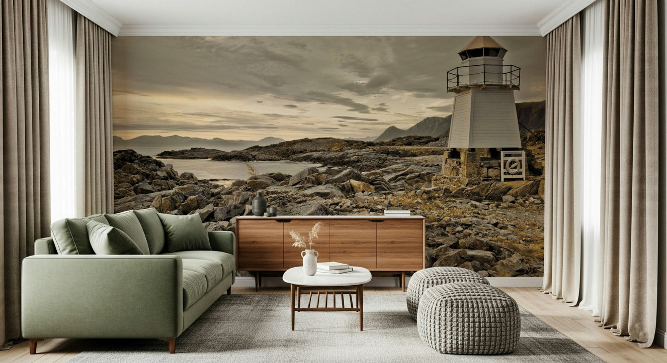 Guardian of the Coast wall mural featuring a lone lighthouse overlooking a rocky shoreline under a moody sky.